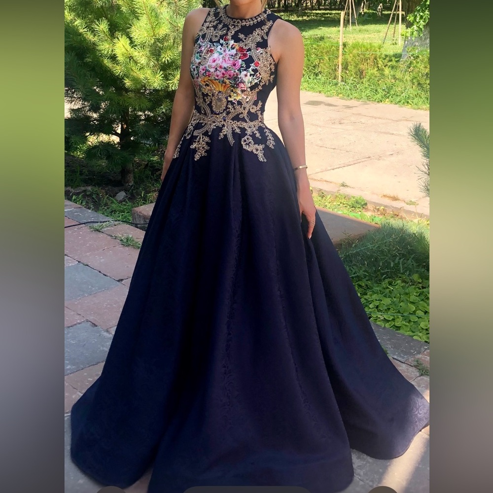 Sherri Hill Navy and Floral Embroidered Gown
